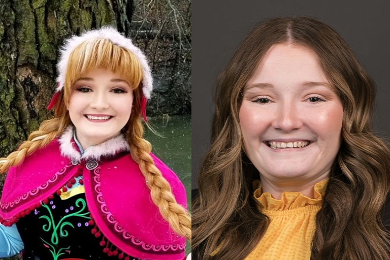 Senior Molly Lewis dressed as Princess Anna from Frozen (left), and headshot photo (right).