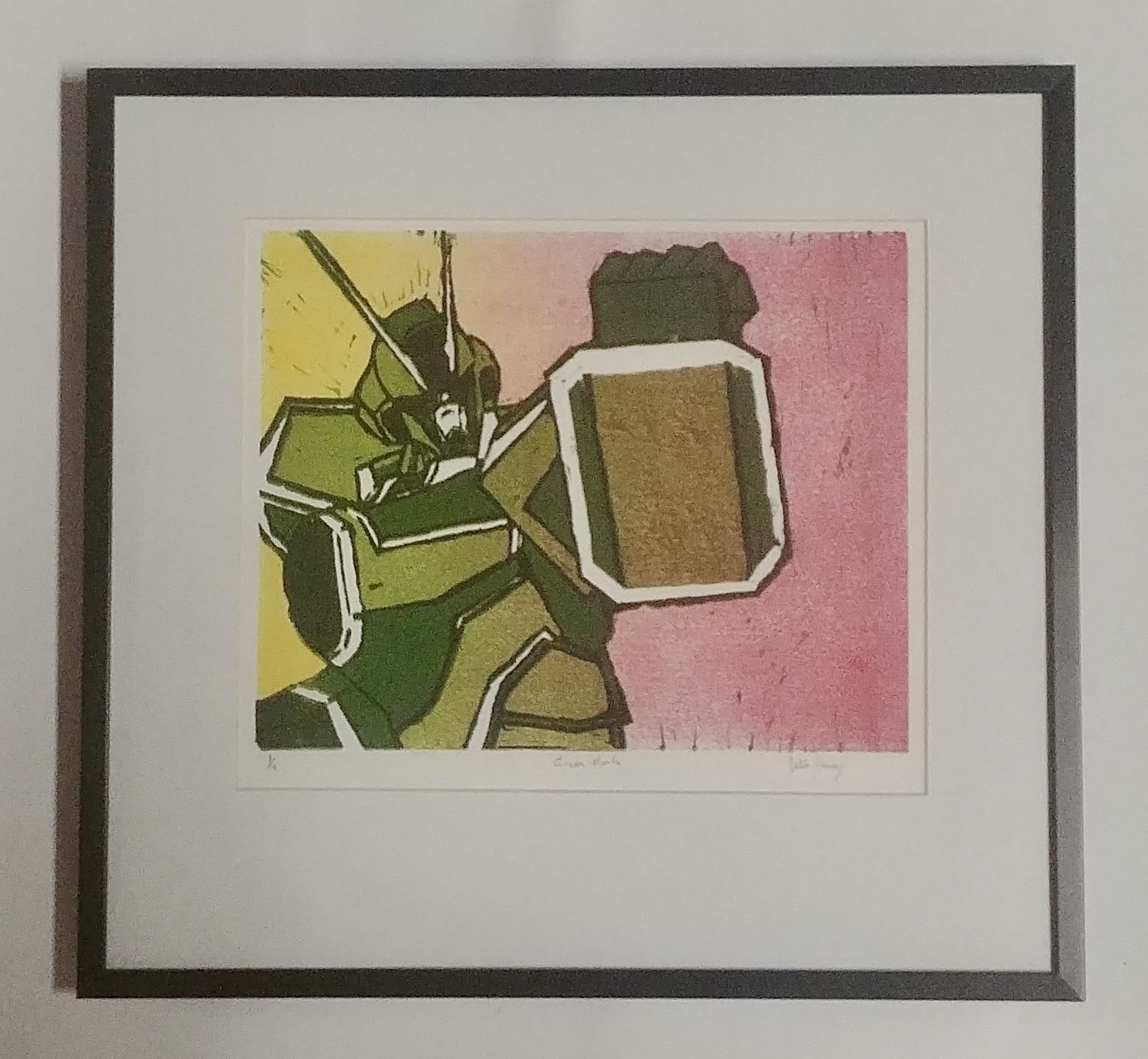 “Green Manta” by Justin Laney, Linoleum print
