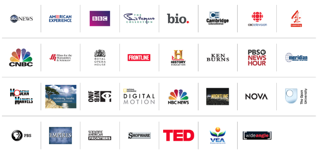 Logos of various video producers included in the IUK streaming video collections.